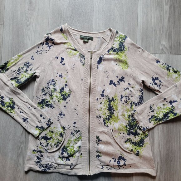 Eddie Bauer Womens Zip-Up Cardigan Sweater L Beige Blue Green Splatter Print - Picture 3 of 6